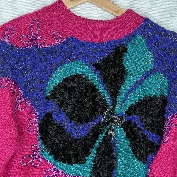 VTG 90s Jaclyn Smith Beaded Floral Sweater Womens S Pink Purple‎ Knit Retro Glam - Picture 2 of 7